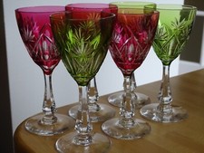 VAL ST LAMBERT 6 ANTIQUE WINE GLASSES ROEMER CRYSTAL LUBIN CUT DOUBLE COLOR
