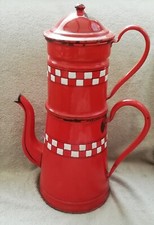 cafetière émaillée ancienne double corps complète avec filtre damiers rouge 