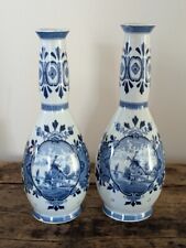 Antique DELFT earthenware vases blue and white MILLS decor. La Paire .