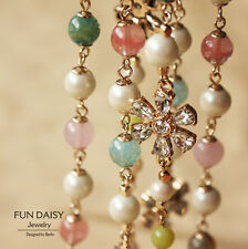 Collier Long Sautoir Chaine Perle Agate Bleu Quartz Rose Trefle Class Retro FUN2