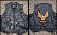 VINTAGE Harley Davidson Vest Mens XL Black Leather Strap Eagle FatBoy Patches