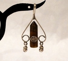 Pendentif  Oeil de Tigre pierre taillée à 6 faces et argent 925 4x2,4cm