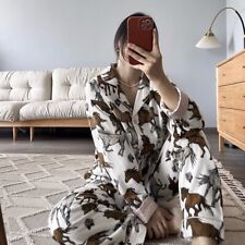 Luxurious White Ladies Brushed Cotton Pyjamas Set with Horse Print Loungewear