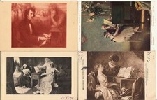 Lot 4 cartes postales anciennes FANTAISIE tableau PIANO PIANISTE MUSIQUE BERLIOZ