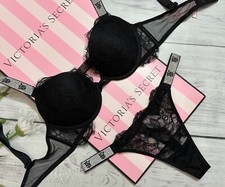 Victoria's Secret Contre Shine Bracelet Soutien-Gorge Ensemble String Noir Lacet