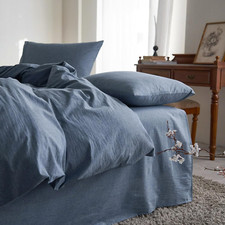 - Cotton Duvet Cover Set, Full Size, Chambray Denim Blue, 100% Washed Cotton, Li