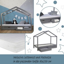 Lit D'Enfant 90x200 cm Matelas Maison Cabane 2 Tiroirs en Bois Gris Homestyle4u