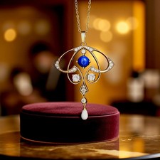 Collier Pendentif Doré Vieilli Lapis Lazuli Bleu Véritable Goutte en Nacre SB22