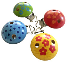 4 Wooden Dummy Clips Baby Nursing Pacifier Clasps Red Yellow Blue Green
