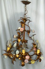 Vintage italian metal gold gilt porcelain roses 6 arm chandelier lamp 