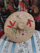 Poupée Ancienne ancien chapeau Niçois paille tressée fleurs 