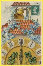 Old postcard fancy embossed - bell tower clock Happy New Year embossed
