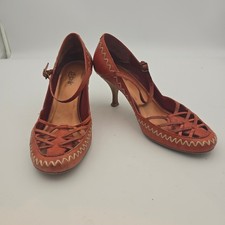 Diba Women's 7.5 Orange Leather Mary Jane Heels Lattice Cutout Stitching Detail