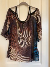 Bebe 100% Silk Cold Shoulder Blouse Animal Print Brown/Blue Size M