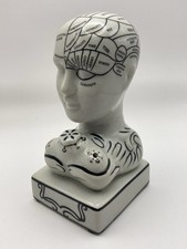 VINTAGE FIGURAL PHRENOLOGY HEAD BRAIN PORCELAIN INKWELL PEN REST STAND + LID CAP