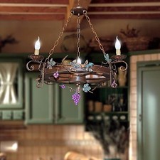 Lustre Roue De Wagon Rustique 3 Lumières en Bois Et Fer Forgé Artisanat