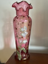 Large Art Nouveau Enameled Blown Glass Vase with Floral Decor Nice Condition Rare!