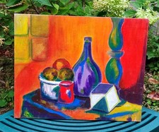 ANCIEN TABLEAU HUILE S/PANNEAU ENTOILÉ FAUVISME NATURE MORTE 41 X 33 CM