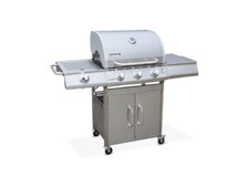 Barbecue à Gaz En Inox 4 Bruleurs Feu Latéral Tablette Plancha Grillade BBQ Gril