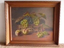 Tableau peinture ancienne nature morte aux fruits péche raisin pampre de vigne