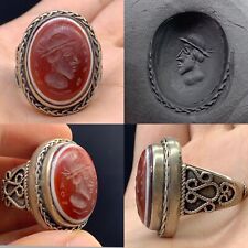 Superbe et rare bague ancienne romaine en argent taille-douce roi agate romaine.