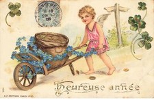 ANGELS #MK34490 HAPPY YEAR WOODEN WHEELBARROW ANGEL TREFLES WAFFLE PARTS IN