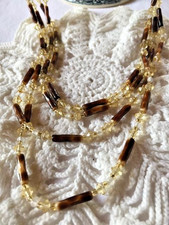 Collier ancien 4 rangs perles verre céramique cristal beige - 55 cm