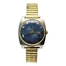 Vintage Mortima Super Datomatic 17 Jewels Automatic Watch Blue Dial Gold Tone