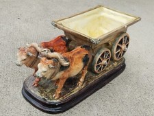 ancien ceramique DELPHIN MASSIER VALLAURIS chariot charette boeuf vache figure