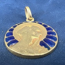 Médaille or 18K Vernon Vierge émaillée bleu Art Nouveau 9,2g religieuse 1917