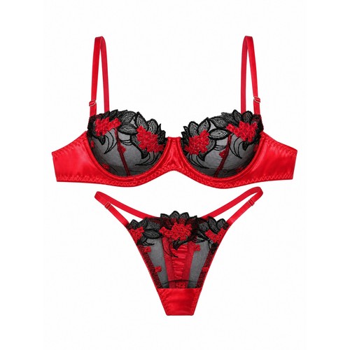 Ensemble lingerie rouge brodee - ensemble,