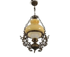 Lampe Belge Yellow Amber Glass Shade Brass Knights Dragon Slayers Dragons antiqu