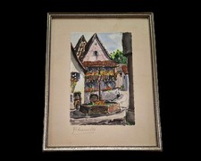 Tableau aquarelle dessin Ribeauvillé Alsace signée artiste alsacien Alfred Doll