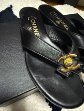 CHANEL Leather COCO MARK Turn lock Tong Sandals Mules Pumps Shoes Women EU 36