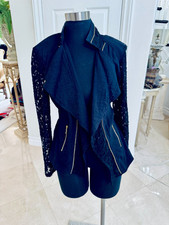 La Seine Faux Lace Moto Jacket Hi Lo Gold Zipper Accents Trim Open Waterfall M