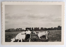 Boy Country Hat Straw Goats Animals - Vintage Photo Snapshot