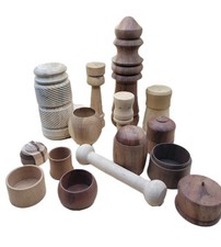 Hand Turned Wood Mortar & Pestle 15 Lot Herbs Spice Grinder Vintage Apothecary