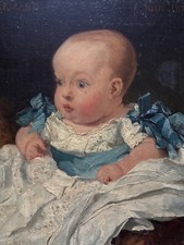 Antique Painting Portrait of Baby Child Blue Eyes Awake Dress Baptism Oil 19th Century
