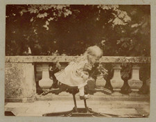 France, Girl and her wooden horse, vintage print, ca.1880 France, Girl