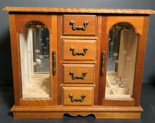 Vtg Wood Free Standing Jewelry Box Armoire Vanity 4 Drawers Glass Door Mirrior 