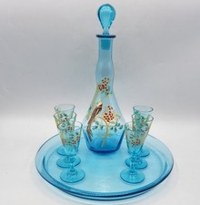 Service à liqueur verre soufflé coloré émaillé baies oiseau Legras début XXème