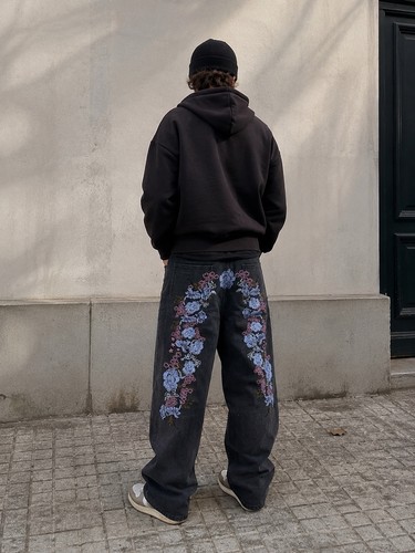 Jean baggy noir fleurs