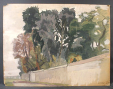 Grande Gouache originale Bruno Seuchter vers 1950 Le Mur de la Propriété