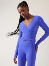 Athleta Small Transcend Chrome Blue Wrap Top Yoga Pilates Stretch UPF 50+ Lycra
