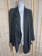 Chalet Open Front Cardigan Women Medium Gray Striped Cinch Sides Lagenlook Boho