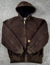 Vintage Y2K Carhartt J130 DKB Brown Hooded Work Wear Jacket Men's Size Small 