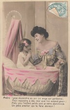 CP ELEGANT MOTHER AND LITTLE GIRL PRAYS IN BED CRIB - 7428