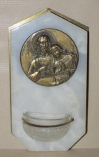 ANTIQUE BRONZE MARBLE & GLASS RUFFONY RELIGIOUS MEDAL BENITIER  