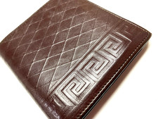 GIANNI VERSACE VINTAGE '90s GREEK KEY GRIDS EMBOSSED WALLET BIFOLD ITALY BROWN