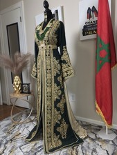 Moroccan Black Kaftan with Gold & Blue Embroidery – Handmade Takchita